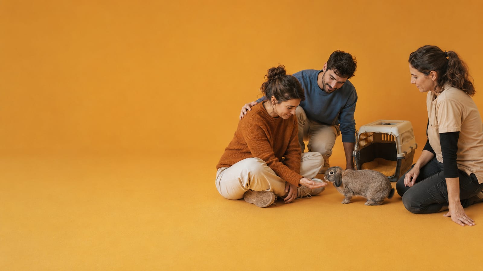 Pareja conociendo a un conejo junto a su transportín y a la responsable de la adopción