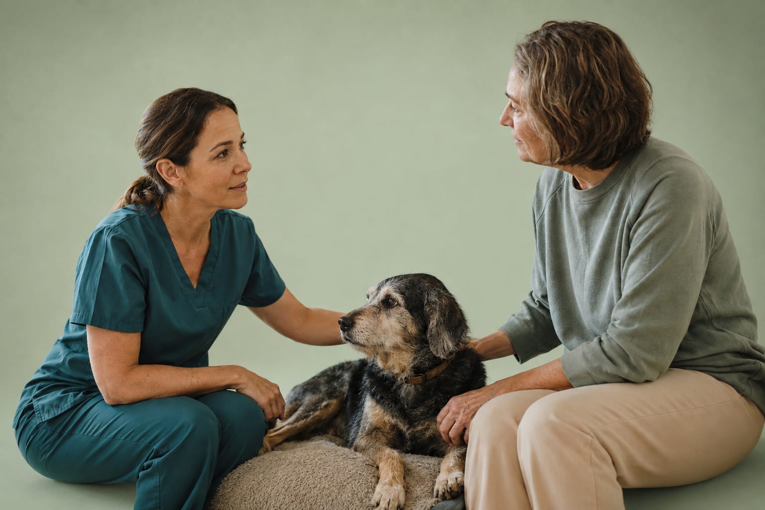 Veterinaria y responsable de un perro conversando junto al animal