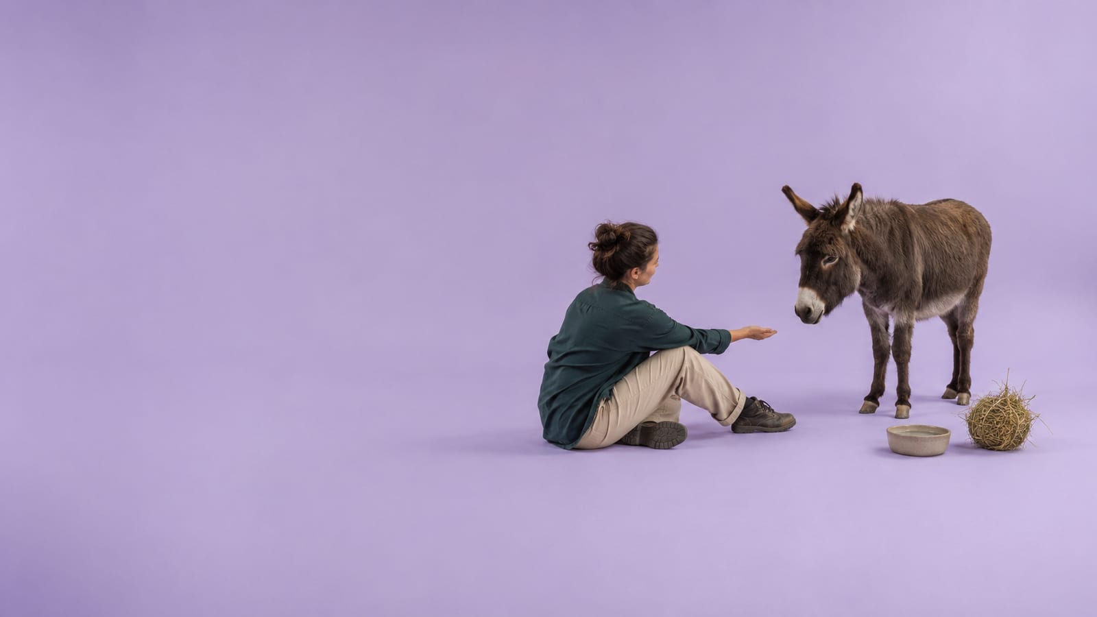 Mujer sentada en el suelo ofreciendo la mano a un burro, junto al heno y el agua