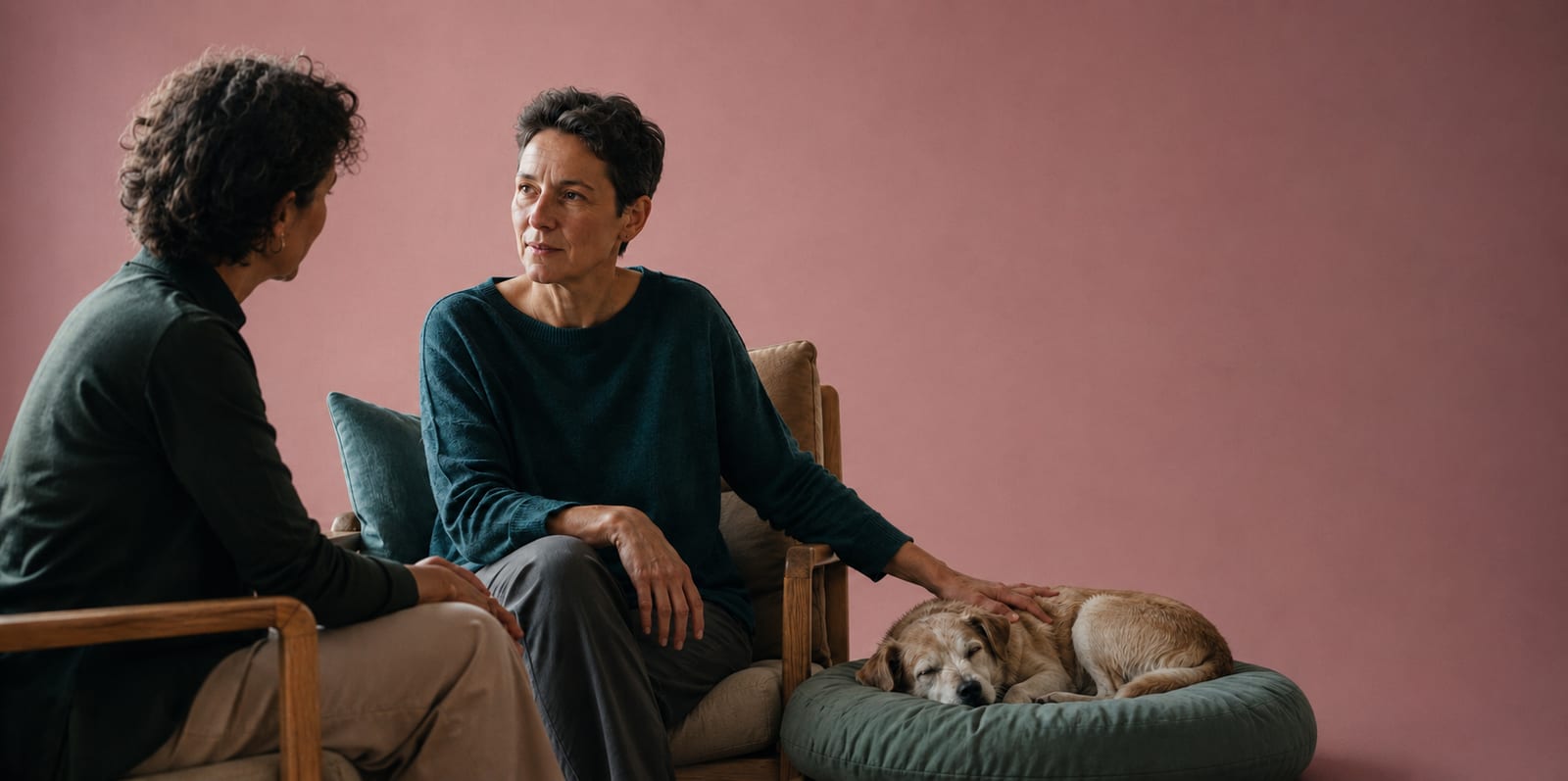 Veterinaria y responsable de un perro conversando junto al animal