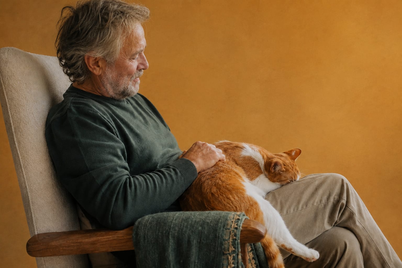 Hombre en su butaca con el gato dormido en el regazo