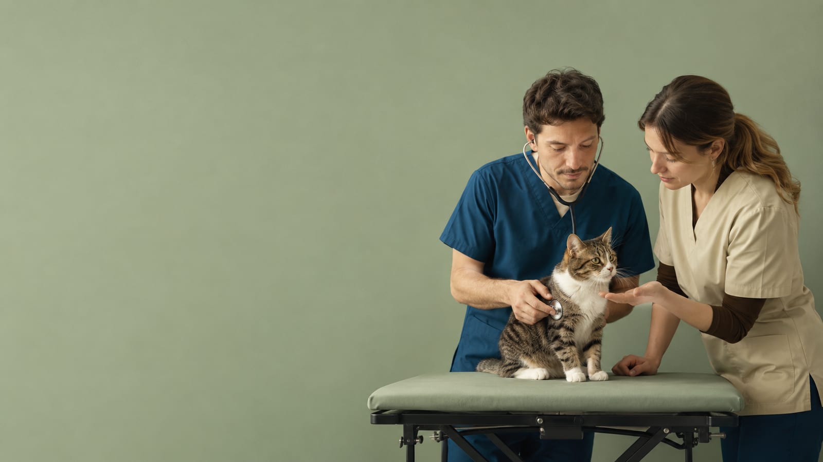 Veterinario auscultando a un gato sobre la mesa mientras una auxiliar lo sostiene