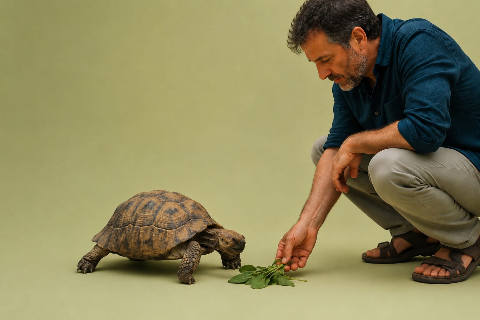 Hombre dando de comer a su tortuga en el jardín